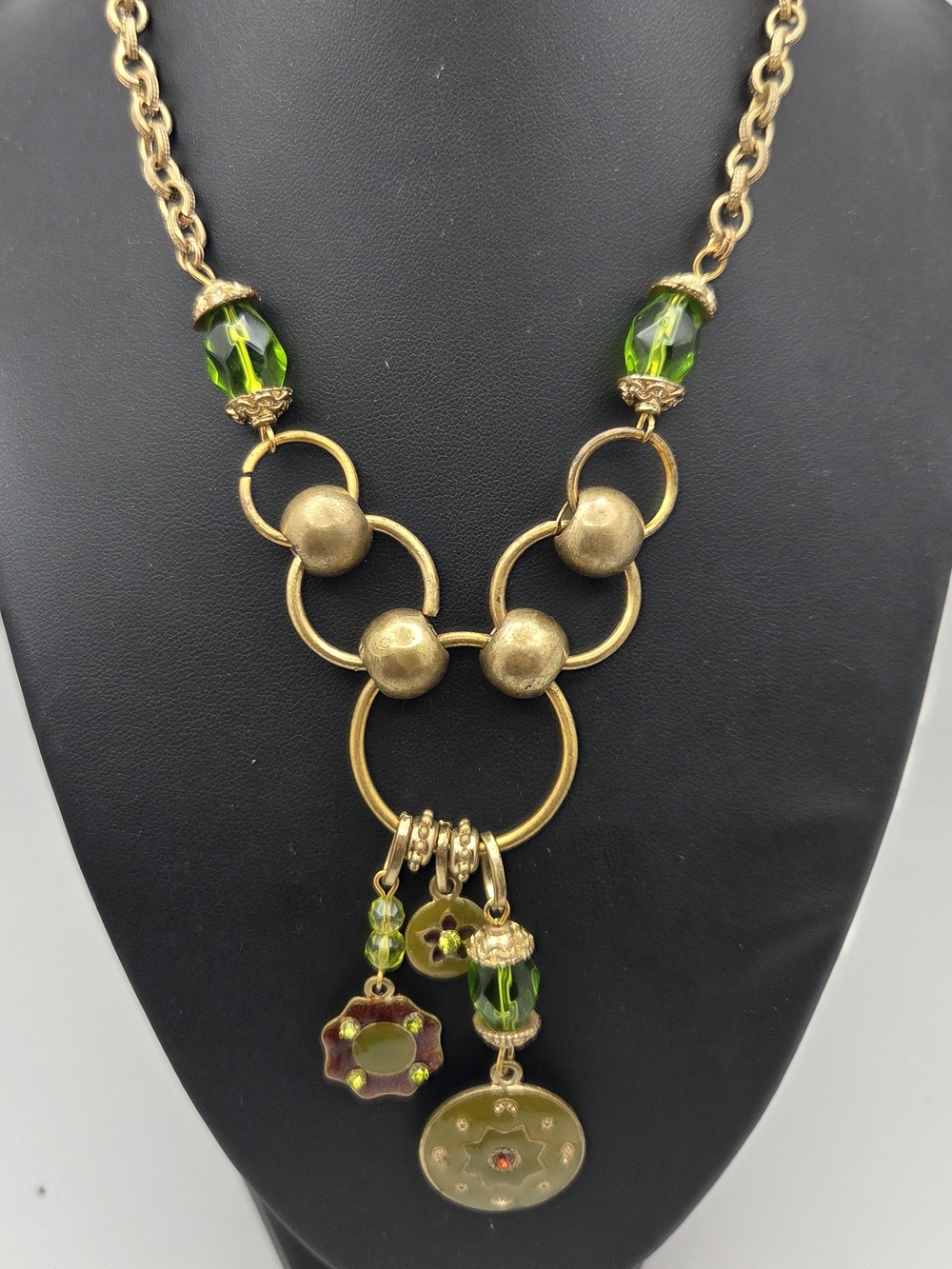 Antique Brass Boho Olive Green Enamel Statement Necklace Layered Medallion Charm